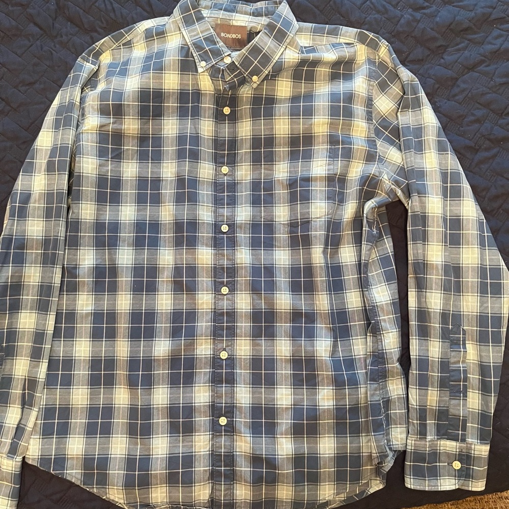Bonobos Shirt Mens Size XXL shades of Blue Plaid Slim Fit Long Sleeve Pockets